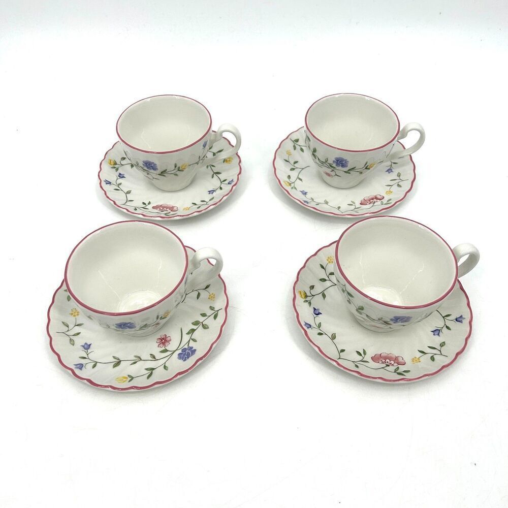 JOHNSON BROS. Set of 4 Vintage White Pink Floral England Teacup Saucer Cup Set